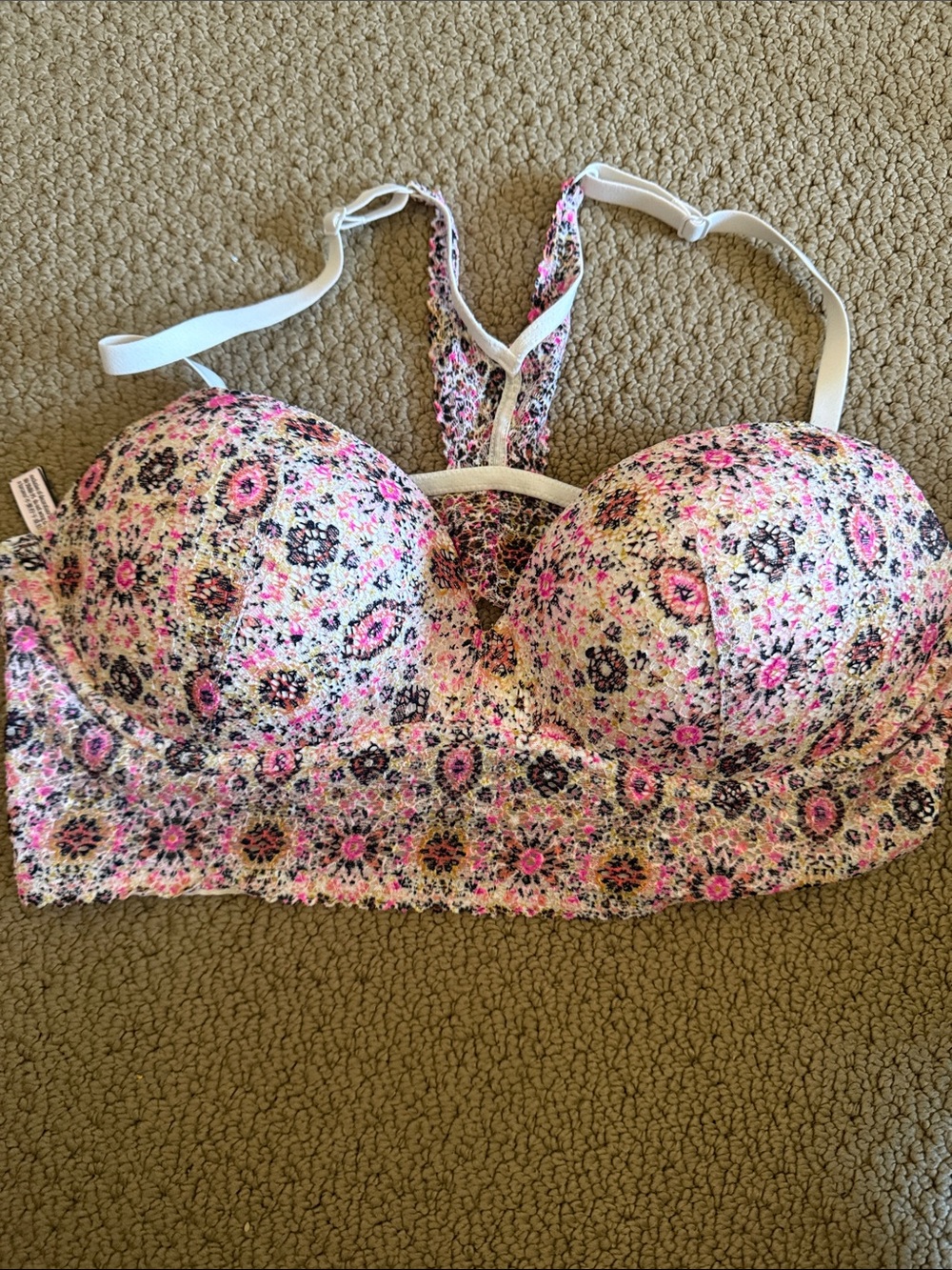 Victoria's Secret Floral Longline Bralette - Pink & Cream with Black Accents